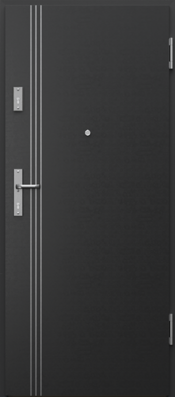 Ușă de apartament Porta EXTREME RC4 neagră, cu trei inserții verticale de inox lângă mâner și vizor