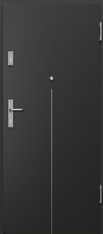 Ușă de apartament Porta EXTREME RC4 neagră, cu o inserție verticală de inox în centrul foii