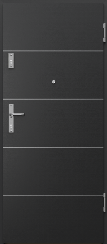 Ușă de apartament Porta EXTREME RC4 neagră, cu patru inserții orizontale de inox pe toată foaia