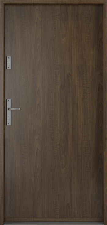 Ușă de apartament Porta Steel SECURE, finisaj nuc, cu fibra lemnului pe verticală