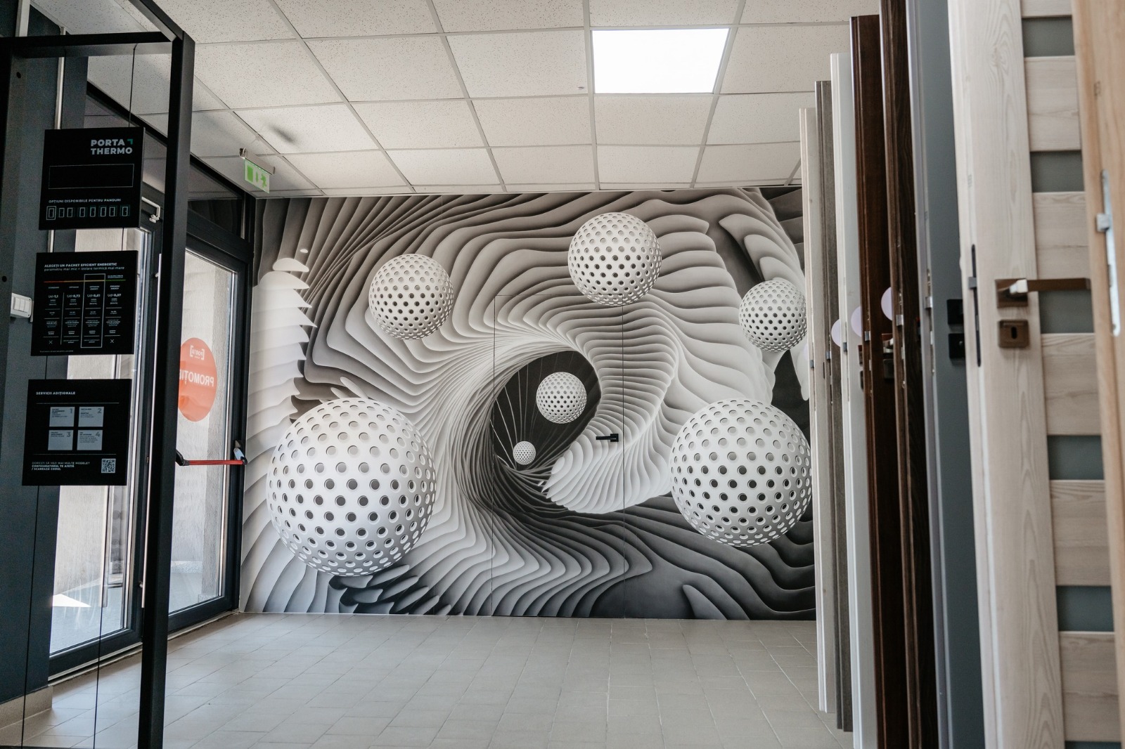 Peretele cu fototapet 3D din showroom-ul din Bacău, în care e montată ușa filomuro Porta Hide: se văd doar rostul și mânerul