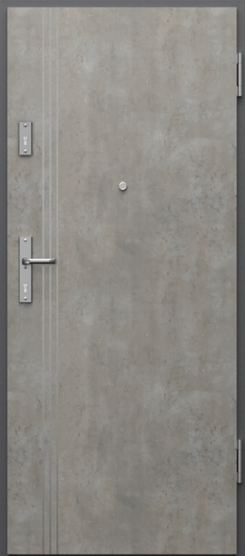 Ușă de apartament Porta EXTREME RC4 în finisaj ciment deschis, cu trei inserții verticale de inox