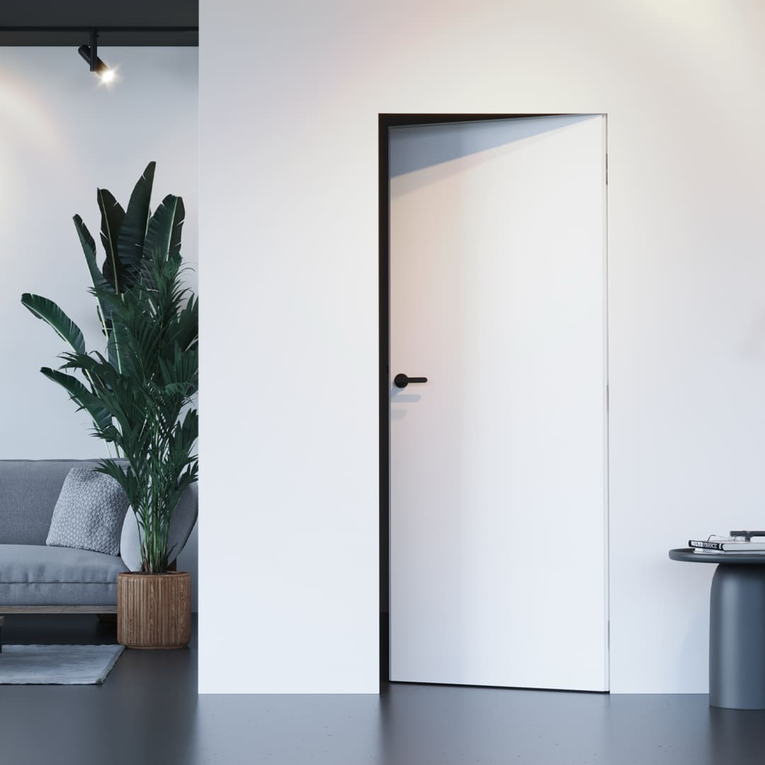 Ușă invizibilă Porta Hide, albă, la nivel cu peretele, fără toc vizibil