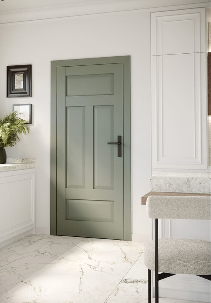 Ușă Porta Harmony vopsită verde salvie, cu casete, într-o baie cu marmură