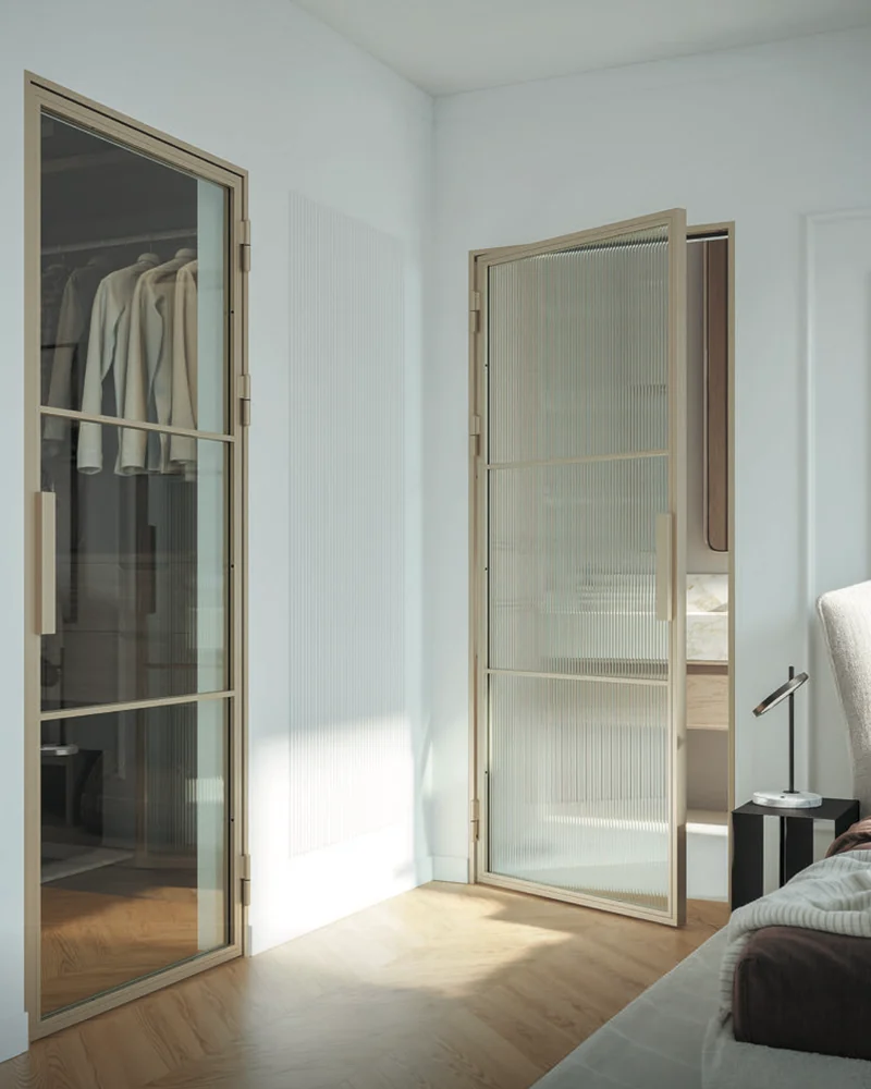 Ușă de sticlă Porta Loft Steel model 2 în Șampanie, cu sticlă fumurie și striată, la un dressing