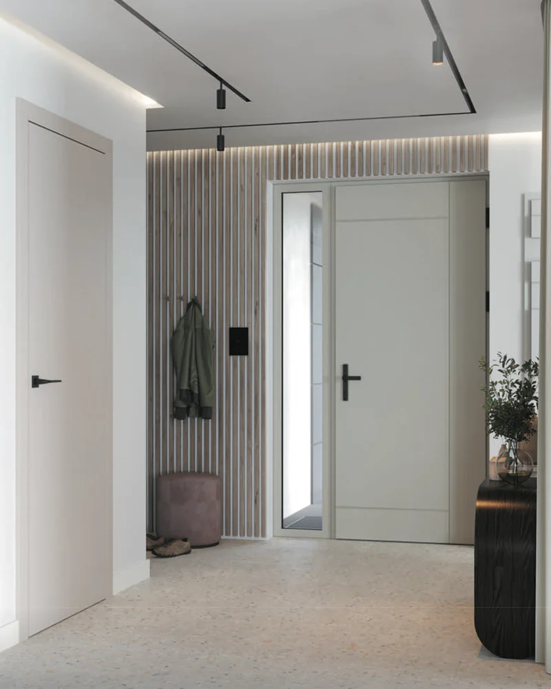 Ușă de exterior Porta Thermo L.6 în Gri Bej, cu panou lateral cu sticlă, văzută din holul casei