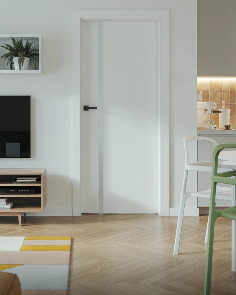 Ușă Porta Focus Premium 4.A albă, cu caneluri verticale, între living și bucătărie