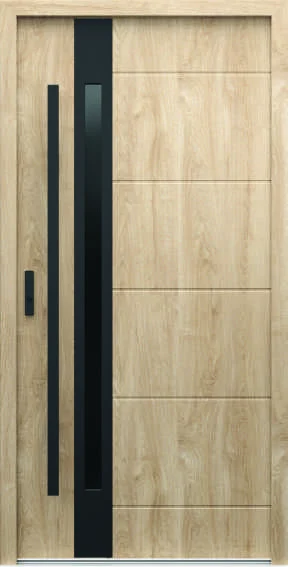 Ușă de exterior Porta Thermo G.1, stejar Woodec Turner, cu bandă verticală neagră, geam îngust și caneluri orizontale