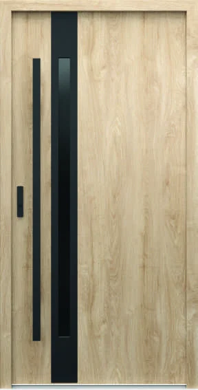 Ușă de exterior Porta Thermo G.2, stejar Woodec Turner, cu bandă verticală neagră lată și geam