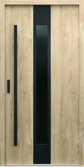 Ușă de exterior Porta Thermo G.3, stejar Woodec Turner, cu bandă verticală neagră și geam în centru
