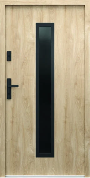 Ușă de exterior Porta Thermo G.4, stejar Woodec Turner, cu un geam vertical negru în centru