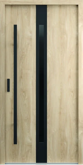 Ușă de exterior Porta Thermo G.5, stejar Woodec Turner, cu două benzi verticale negre, una cu geam
