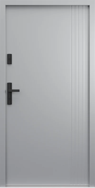 Ușă de exterior Porta Thermo L.5, gri RAL 7042, cu caneluri verticale dese pe o bandă îngustă