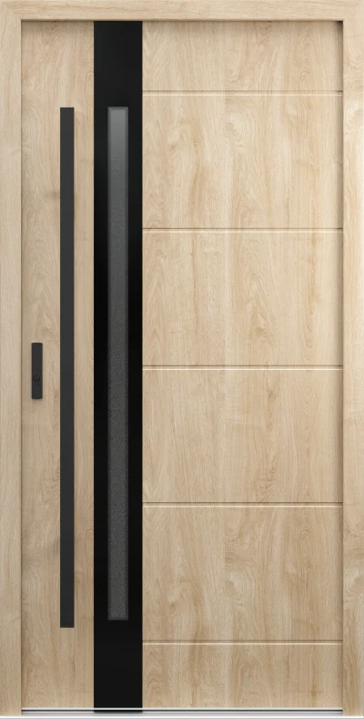 Ușă de exterior Porta Thermo P.1, stejar Woodec Turner, cu panou vertical negru cu geam și caneluri orizontale