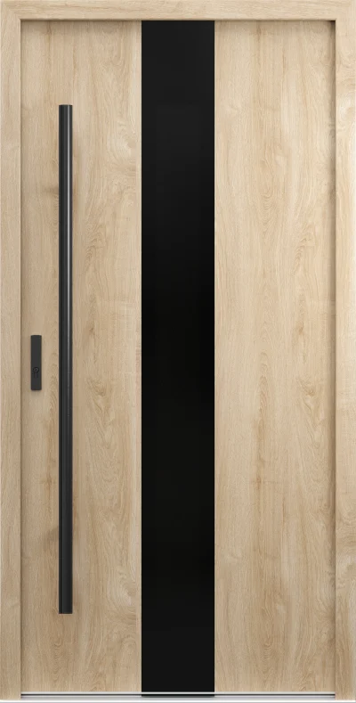 Ușă de exterior Porta Thermo P.4, stejar Woodec Turner, cu panou vertical negru lat, decalat lângă mâner