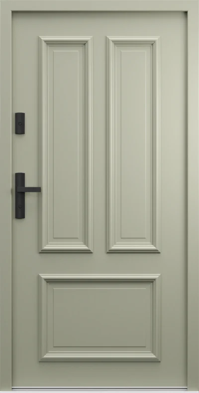 Ușă de exterior Porta Thermo R.3, gri măsliniu RAL 7033, cu două rame verticale sus și o casetă jos