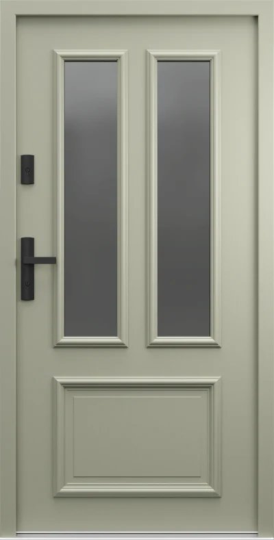 Ușă de exterior Porta Thermo R.5, gri măsliniu RAL 7033, cu două ochiuri verticale de sticlă