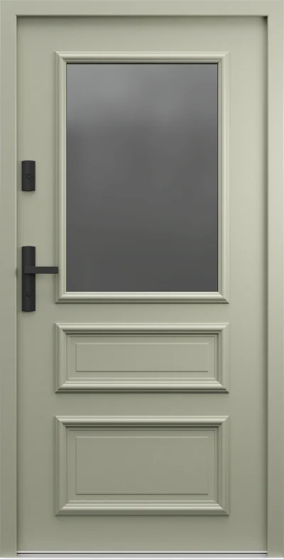 Ușă de exterior Porta Thermo R.6, gri măsliniu RAL 7033, cu un ochi mare de sticlă sus și casete jos