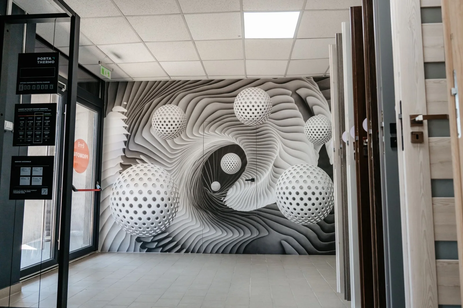 Ușă Porta HIDE ascunsă în peretele cu print 3D din showroom: se văd doar rostul și mânerul