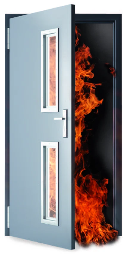 Ușă tehnică rezistentă la foc, cu flăcările oprite pe cealaltă parte