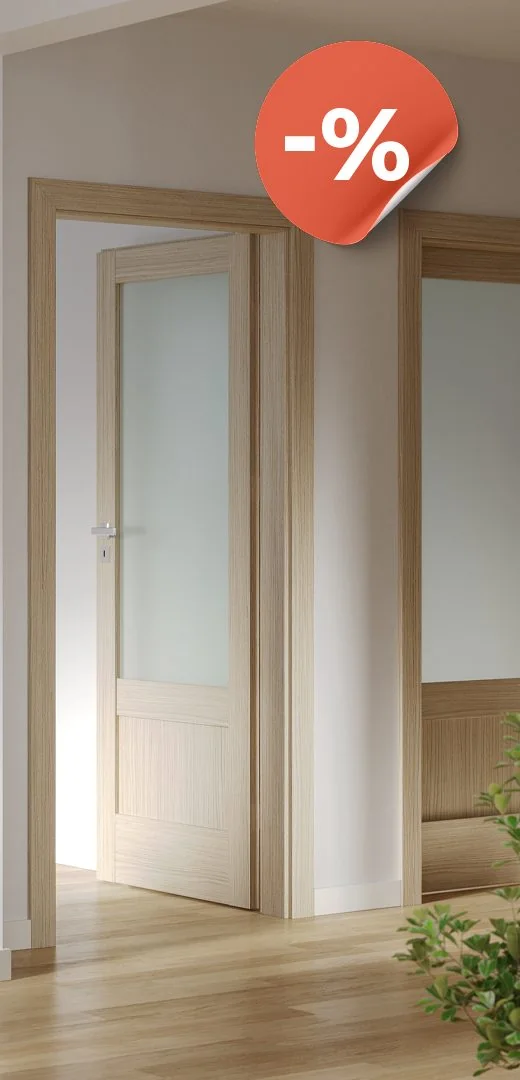 Ușa de interior Porta Classic Home B.1, în nuanță de lemn deschis, cu geam mat în partea de sus
