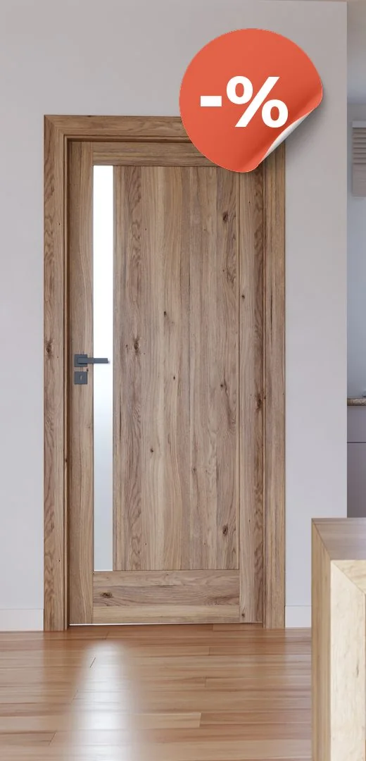 Ușa de interior Porta Verte Home M.1, din lemn cu noduri, cu o fâșie îngustă de sticlă pe verticală